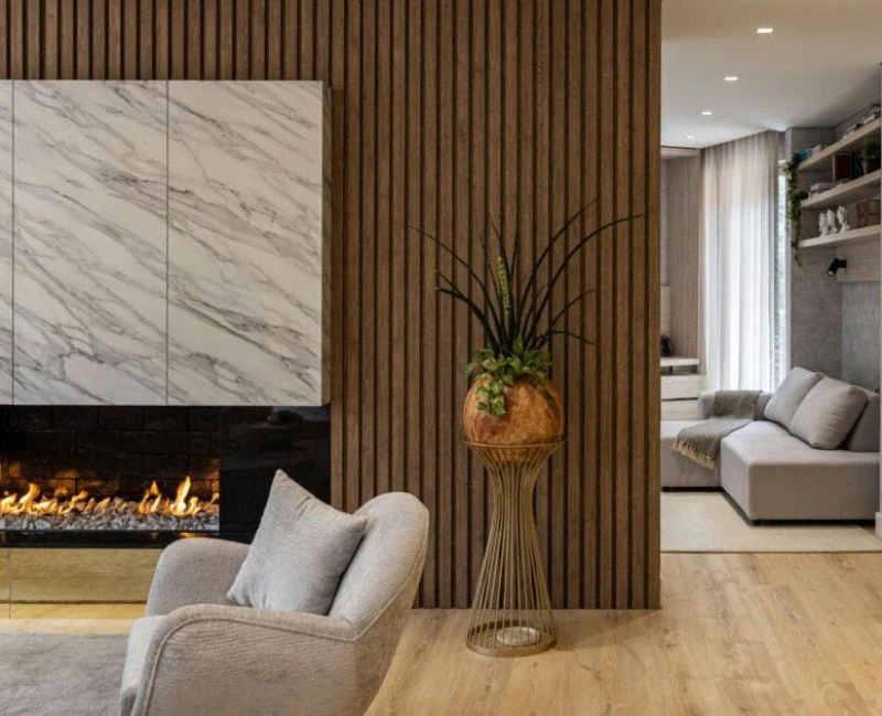 Marble fireplace with wood accents Marble fireplace with wood accents
